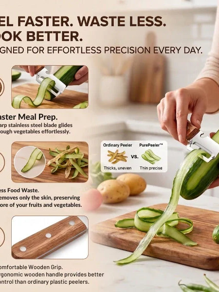 PurePeeler™ – 2in1 Vegetable Peeler + Bottle Opener | Clean Peeling | Stainless Steel Blade | Wooden Handle