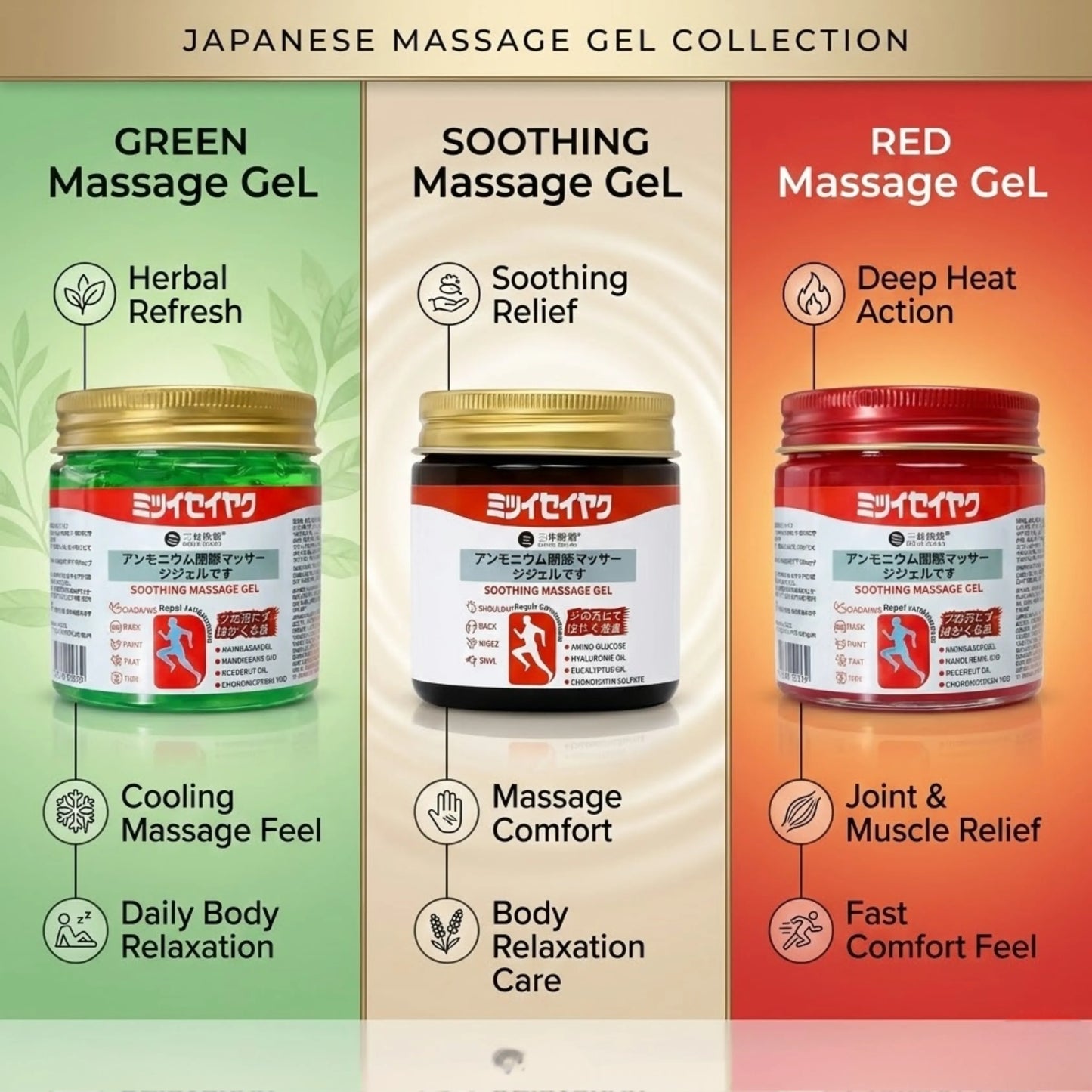 Combo Of 3 Japanese Massage Gels – Cooling, Soothing & Warming Body Relief Gel for Neck, Shoulder, Back & Muscle Relaxation